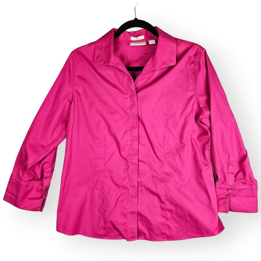 Chicos 1 Women 8 Medium Step Hem No Iron Button Up Pink Stain Shield 3/4 Sleeve